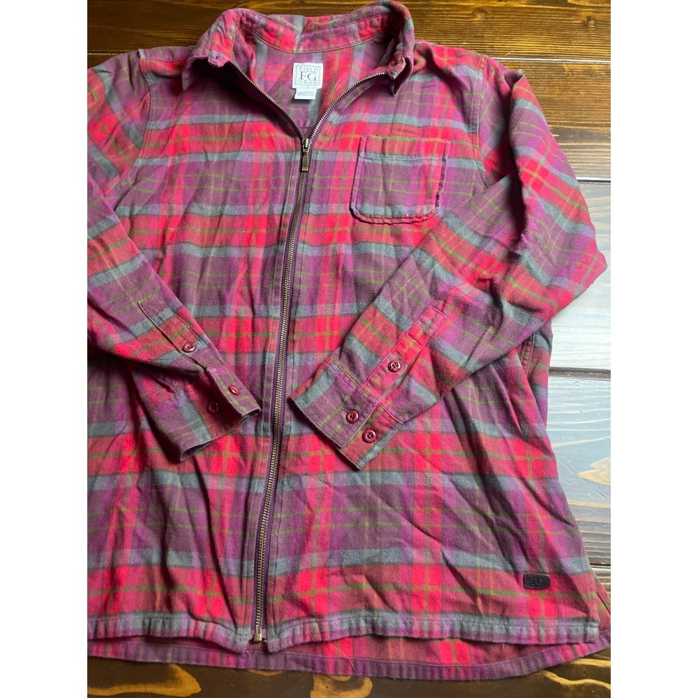 Field Gear Shirt, Women's Size Large, Red Burgundy Green, Full Zip, Flannel